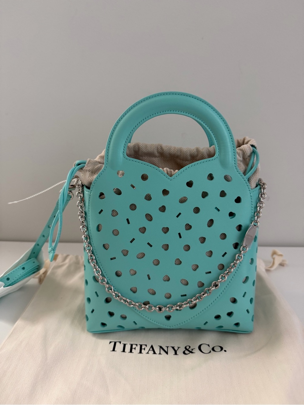 Tiffany & Co. Aqua Blue Perforated Leather Mini Tote with Silver Chain
